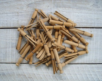 35 Vintage Wooden Clothespins ~ Wire Bound Round Wood Peg Clothes Pin Variety ~ Rustic Antique Farmhouse Laundry Room Decor (S5)