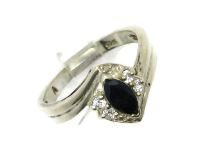 Sterling Silver Faux Sapphire Ring, Vintage Sapphire and CZs Cocktail Ring, Size 8