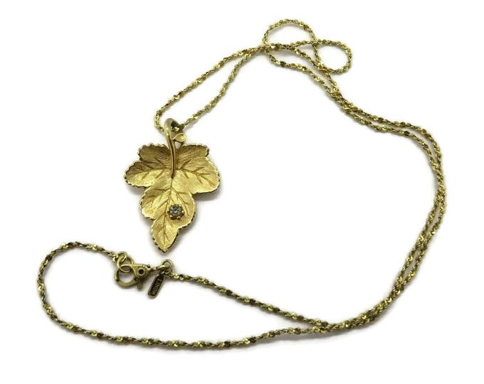 Pendant Necklace, Monet Necklace, Vintage Gold Tone Leaf Rhinestone Pendant, Mother's Day, Gift for Her