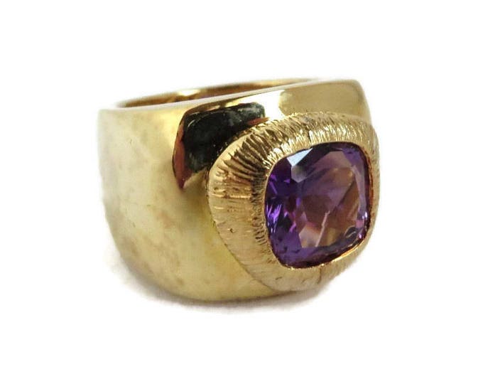 Amethyst Ring - Vintage Gold Plated Sterling Silver Chunky Wide Band Ring, February Birthstone, Size 8, Gift for Her