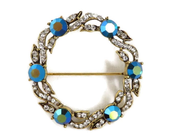 Vintage AB Rhinestone Circle Brooch, Signed Weiss Crystal Rhinestone Silver Tone Pin, Gift for Her