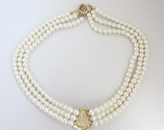 Faux Pearl Triple Strand Necklace, Vintage Bridal Jewelry, Perfect Gift, Gift Box