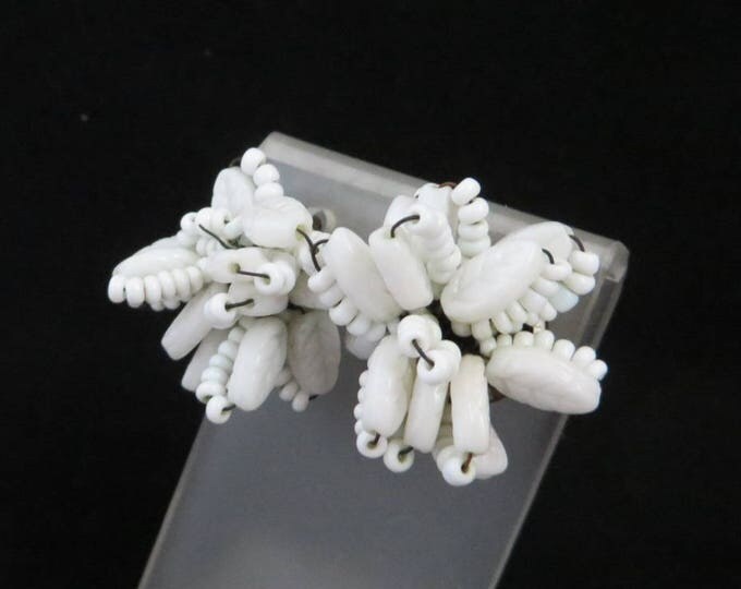 Vintage Milk Glass Earrings | West Germany White Cluster Clip-ons | 1950s White Bead Earrings