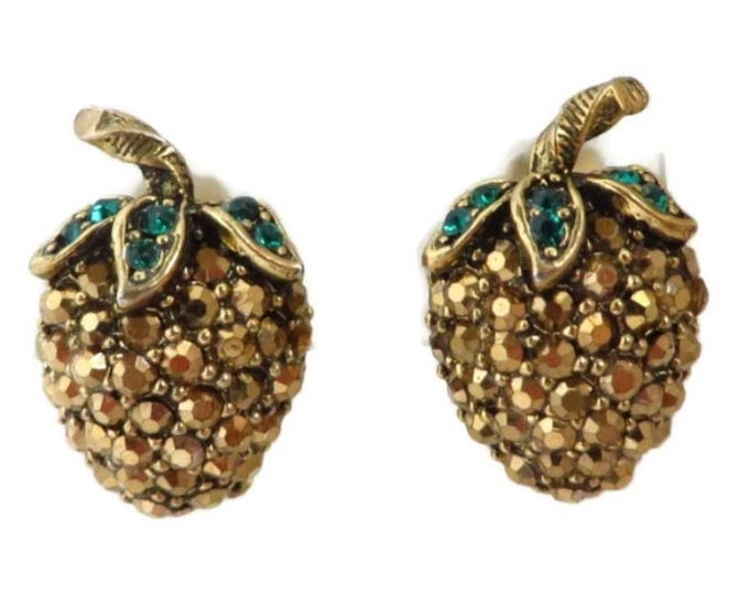Weiss Strawberry Earrings Vintage Signed Weiss Gold Tone Green Rhinestone Clip-on Earrings, FREE SHIPPING