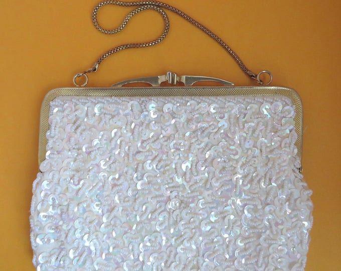 Vintage White Beaded Purse - Faux Pearls & Sequins, British Hong Kong Chain Handled Evening Bag, Disco Handbag, Gift for Her