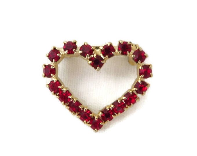 Red Rhinestone Heart Brooch - Vintage Gold Tone Petite Heart Pin, Valentine Pin