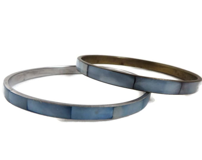 Blue Mother of Pearl Bracelets | Vintage MOP Inlay Bracelet Pair | Pastel Blue Bangle Duo
