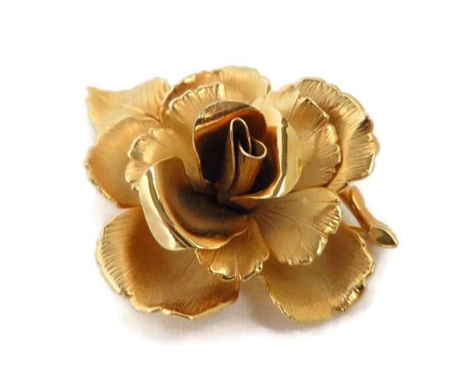 Rose Brooch, Flower Pin, Signed Lisner Gold Tone Rose Brooch, Vintage Matte Gold Tone Rose Pin, Birthday, Mother's Day Gift for Her