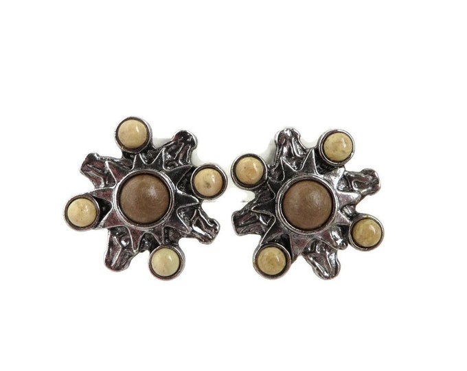 Vintage Earrings, Silver Tone Brown Bead Earrings, Signed Robert Rose Clip-on Earrings, 70s Retro Jewelry