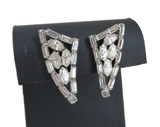Rhinestone Earrings, Vendome Earrings, Vintage Silver Tone Triangle Clip-on Earrings, Bridal Jewelry, Formal Wear Gift Idea
