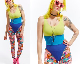 Vtg 90s BODYSUIT Jumpsuit COLORBLOCK Unitard Leotard Onesie One Piece Stretchy Raver Club Kid Minimal Avant Garde DanceWear Sporty Festival