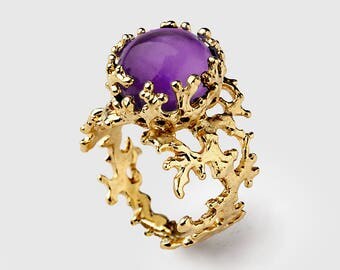 CORAL Yellow Gold Amethyst Ring, Purple Amethyst Ring, Large Amethyst Ring, Purple Amethyst Engagement Ring, Gift for Her, Gift for Mom