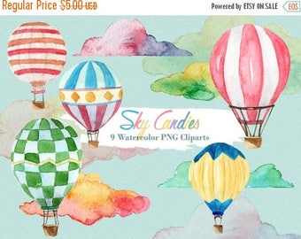 50% Off Hot Air Balloon Clipart Watercolor Cloud Balloon Party Travel Vacation Digital Download Invitation Paint Planner