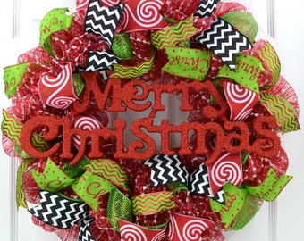 Mesh Christmas wreath - Black white Christmas wreath - Candy cane Christmas wreath - Red White Christmas wreath - Christmas door wreath