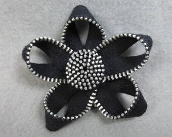 Black Flower Brooch, Zipper Brooch, Black Brooch, Black Pin, Zipper Pin, Zipper Art, Flower Pin, Upcycled, Recycled, Repurposed
