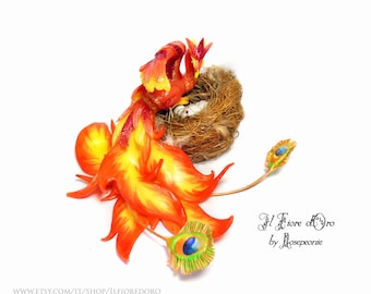 Phoenix 'Fanny' with nest. OOAK sculpture of hand-modeled magic bird with spread wing and burning tails, fantasy collectible creature Potter
