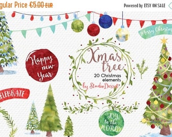 80% OFF - LIMITED TIME - Christmas Cliparts, Watercolor Christmas Clip Art, Christmas Tree, Watercolor Overlays, Winter Card Elements Commer
