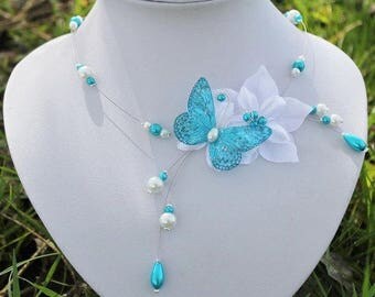 Butterfly necklace bride turquoise white wedding evening Lysandra Collier mariée fleur de satin Papillon turquoise blanc soirée mariage