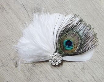 Vintage White Peacock feather hair fascinator bridal wedding jewelry