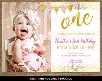 pink gold first birthday invitation pink gold glitter hearts