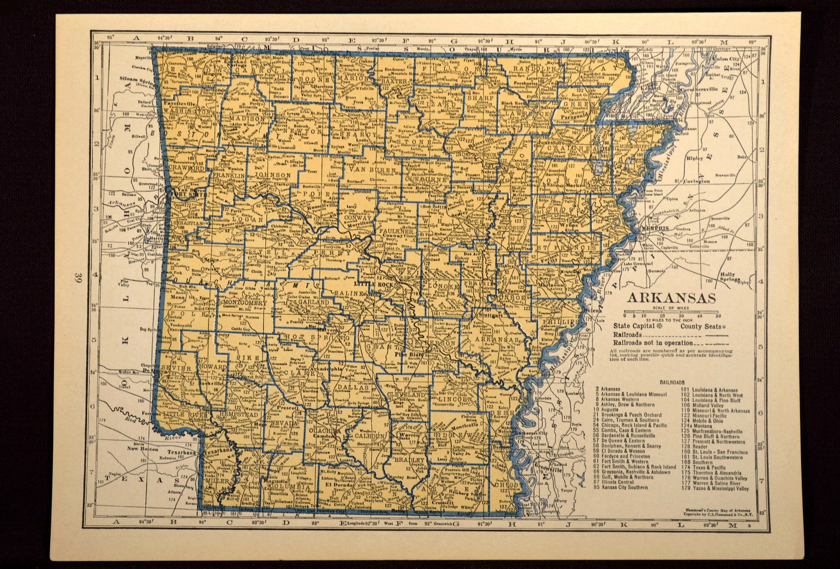 Arkansas Map of Arkansas Beige Blue Vintage 1930s Original