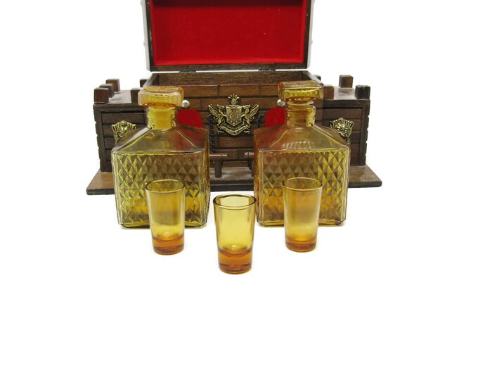 Vintage Castle Bar Set with 2 Amber Glass Decanters and Shot Glasses by S. Sper Bijou - Brown Wooden Medieval MCM Mid Century Barware Mom