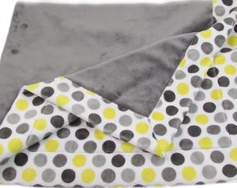 Gray & Yellow Dots Baby Blanket - Minky Baby Blanket - Stroller Blanket - Nursery Blanket - 33" x 42" Baby Blanket