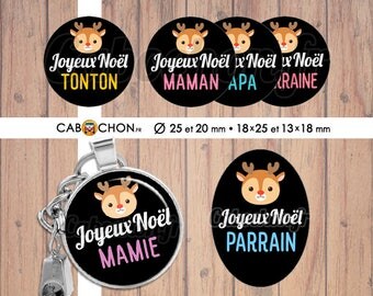 Joyeux Noël 8 • 60 Images digitales RONDES 25 20 mm OVALES 18x25 13x18 famille maman mamie papy papa parrain marraine renne rudolph rudolf
