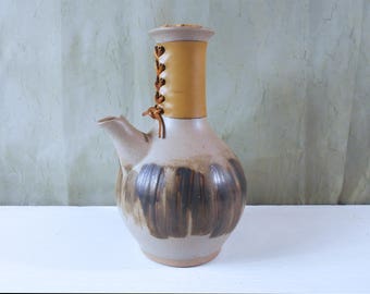 Martz Marshall Studios Pottery Carafe / Decanter with Leather Collar