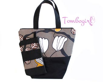 Insulated Lunch Bag with Pouch (for phone, makeup) / lunch Tote, Australian made, zipped, waterproof lining – Large plus, Flower B/W