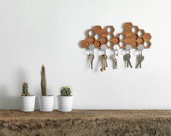 Honeycomb Magnetic Key Holder - A Unique Bamboo Wall Mounted Hook And Decorative Wooden Storage Rack