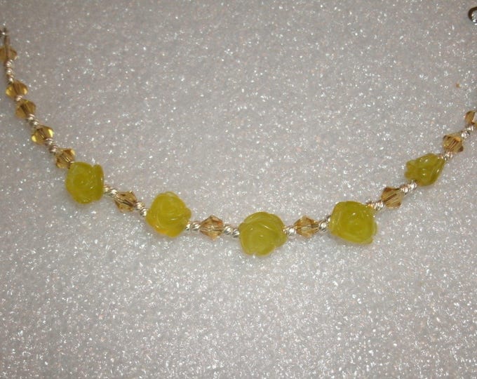 Yellow Jade Carved Roses and Crystal Bracelet; Lemon Jade Roses with Swarovski Crystal , OOAK, beautiful gift, made for a small wrist