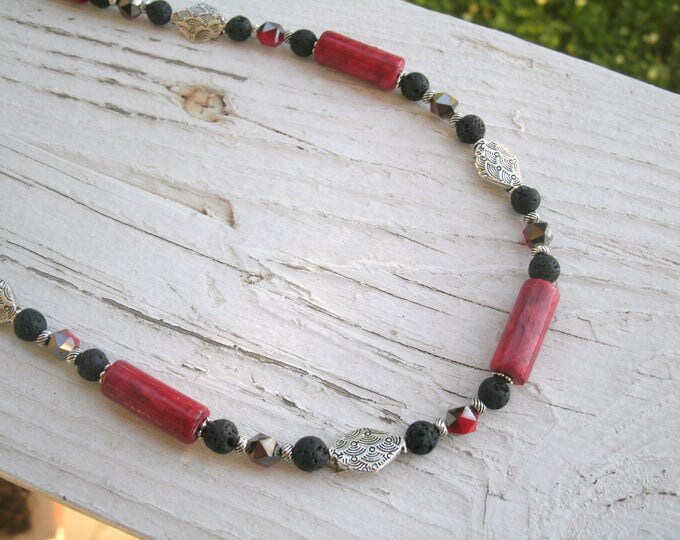 Red Coral and black lava beaded necklace, 22 3/4 " long, handmade necklace, silver decorative multi shaped beads, magnetic closure, OOAK