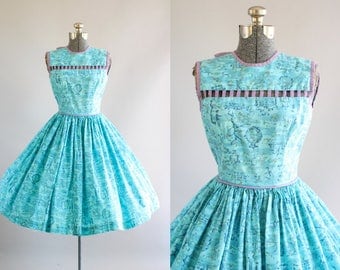 Vintage 1950s Dress / 50s Cotton Dress /Turquoise Floral Dress w/ Lavender Cut Out Yoke XS