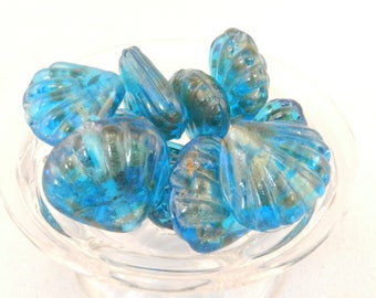 Set of 10 Blue with Gold Foil Shell Lampwork Glass Beads - 25mm - Oyster, Clam, Beach, Ocean, Seaside