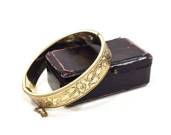 Antique Rose Gold Filled Bangle Bracelet, Black Taille d E'pargne Enamel, Binder Brothers, Art Deco Jewelry, 1920s