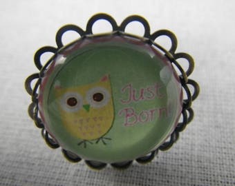 Bague025 - OWL ring / bronze, green and yellow OWL