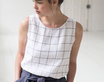Linen blouse/linen tank top in large checks