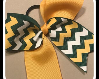 Green yellow and white chevron tic tok cheer bow