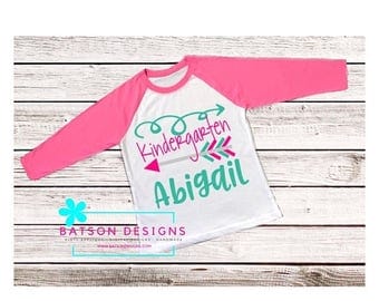 ON SALE Girls Personalized Name Kindergarten Shirt | Pink Sleeves Baseball Shirt | Back to School Grade K Top Monogram