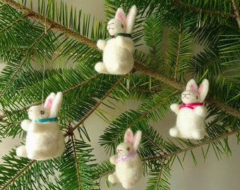 Needle Felted Woodland Nursery Forest Decor | Woodland Inspired Christmas Ornaments | Bunny Rabbits Xmas | Felted Hanging Holiday Ornaments