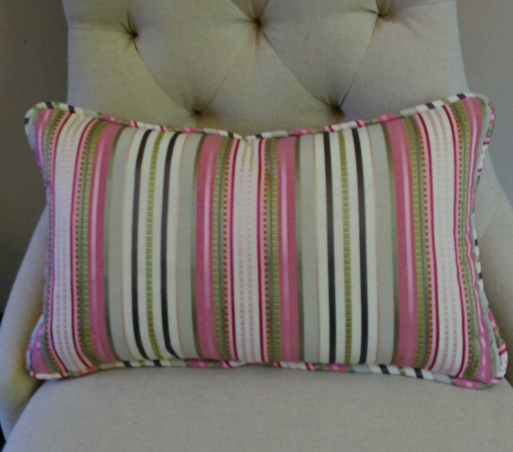 Pink Stripe Pillow Cover Pink Green Ivory Piping or Flange