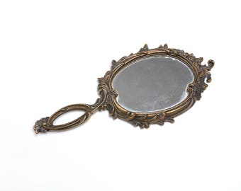 Beautiful Antique brass vanity mirror, Antique hand mirror, Art deco mirror, bronze mirror, moon mirror
