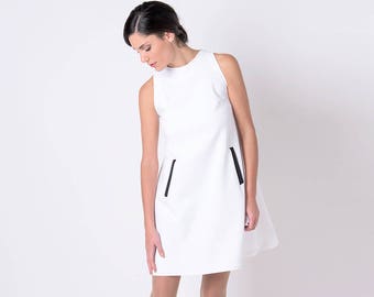 Resort Wear, Black and White Dress, White Summer Dress, Holiday Dress White Party Dress Sleeveless Dress White Mini Dress Short Sleeve Dress