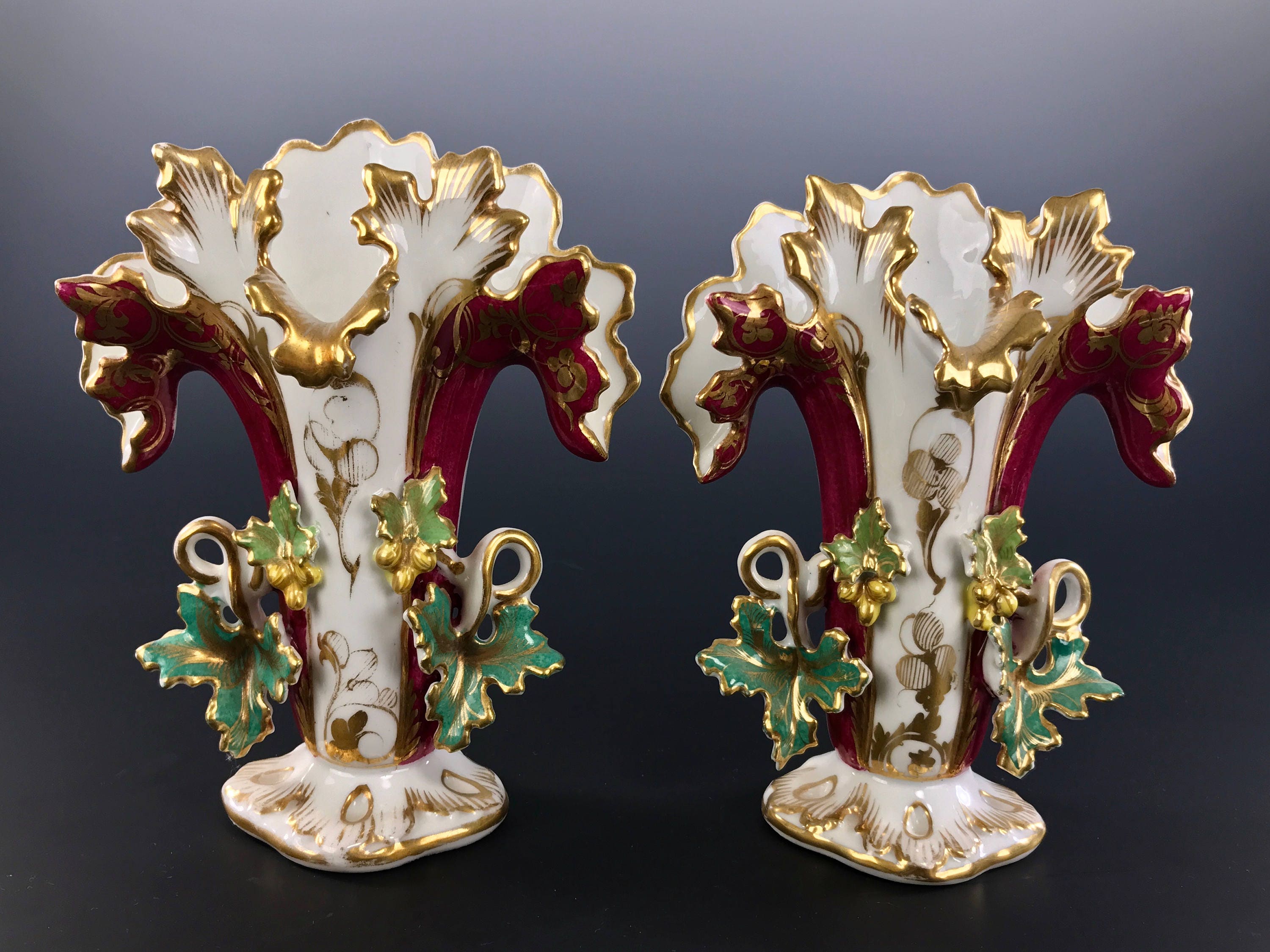 OLD PARIS PORCELAIN Mantle Vases Green Wine Gold Gilt