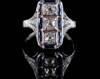 Vintage 1910s Platinum / 14k White Gold Diamond & Sapphire Engagement Ring .69ctw