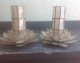 Capiz Shell Lotus and Hurricane Candle Holder Vintage