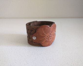 Leather cuff eco boho chic wide flower tooled leather adjustable silver studs Medium brown