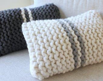 Unique Set Chunky Knit French Stripe Cushions. Unusual Throw Pillow. One of a kind. Hygge. His & Hers Pillows. Housewarming. Wedding gift.