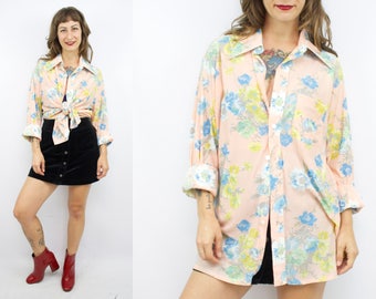 Vintage 70's Pink Floral Nylon Button Up Blouse / 1970's Tie Blouse / Pocket Top / Oversized / Fall / Women's Size Small / Medium / Large